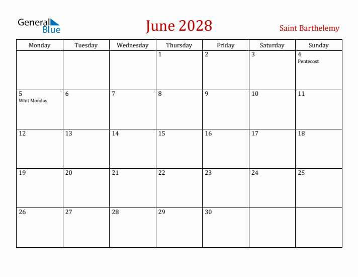 Saint Barthelemy June 2028 Calendar - Monday Start