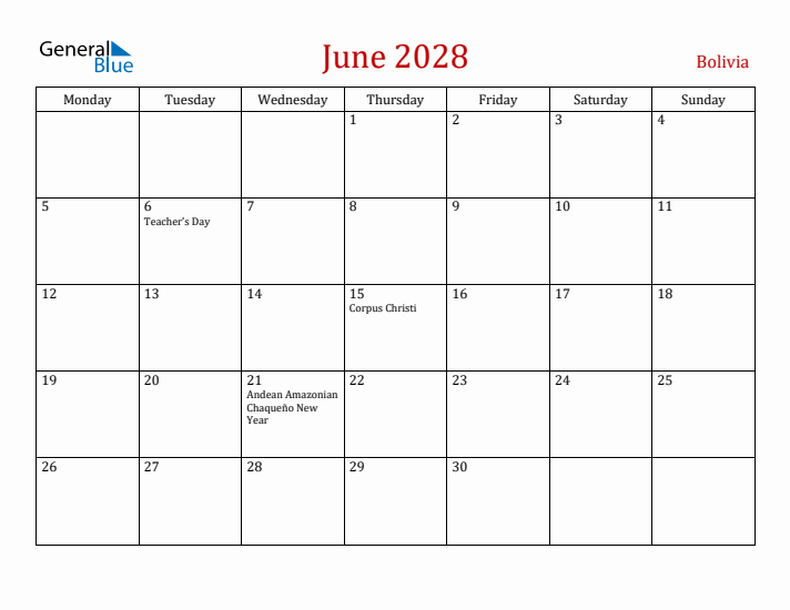 Bolivia June 2028 Calendar - Monday Start