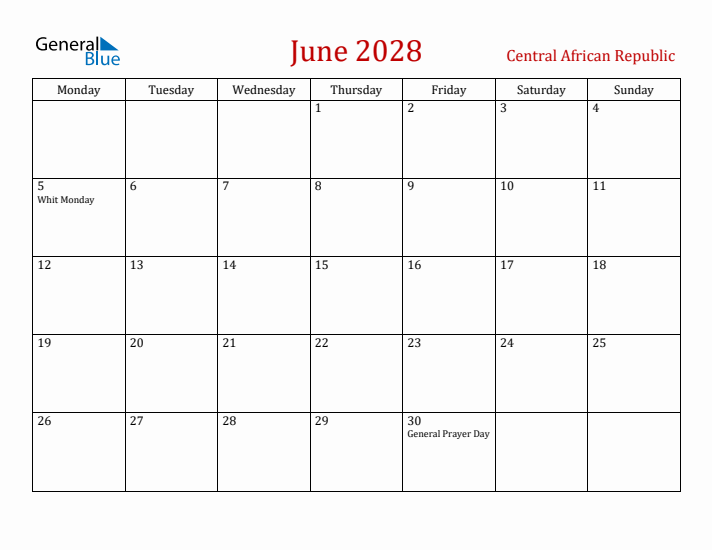 Central African Republic June 2028 Calendar - Monday Start