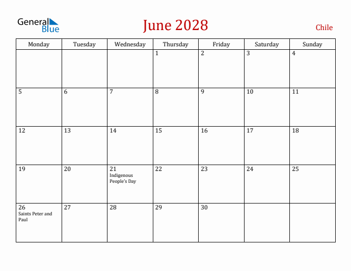 Chile June 2028 Calendar - Monday Start