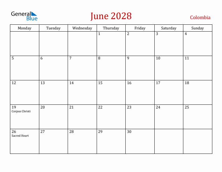 Colombia June 2028 Calendar - Monday Start