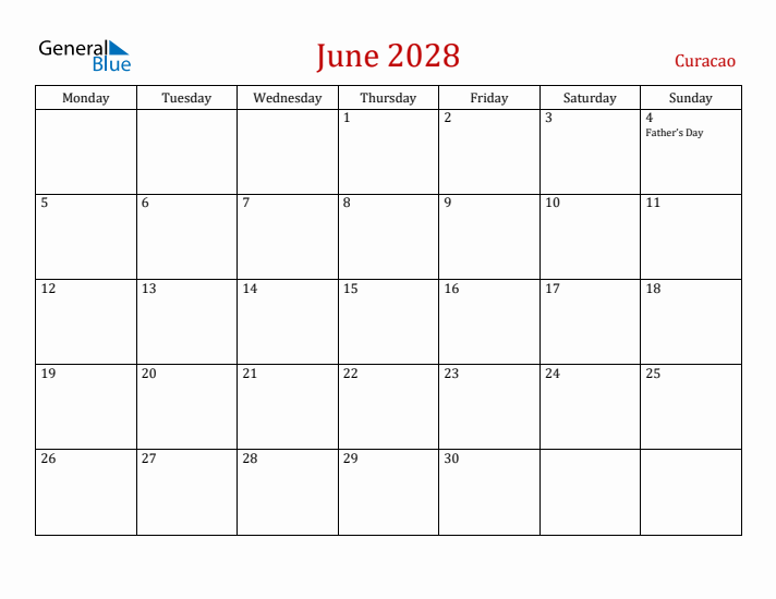 Curacao June 2028 Calendar - Monday Start