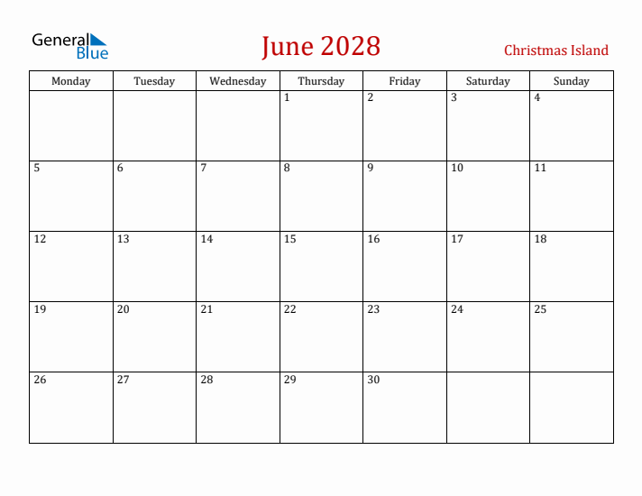Christmas Island June 2028 Calendar - Monday Start