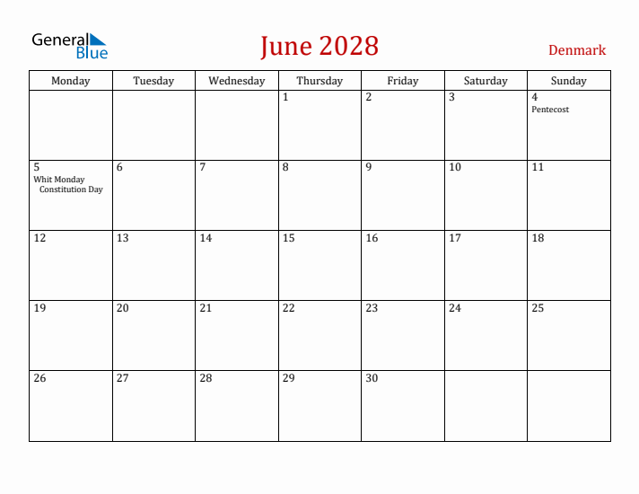 Denmark June 2028 Calendar - Monday Start