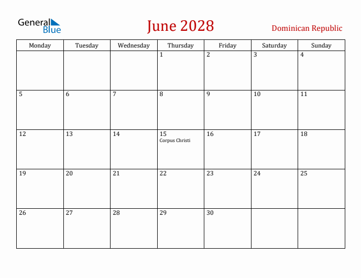 Dominican Republic June 2028 Calendar - Monday Start