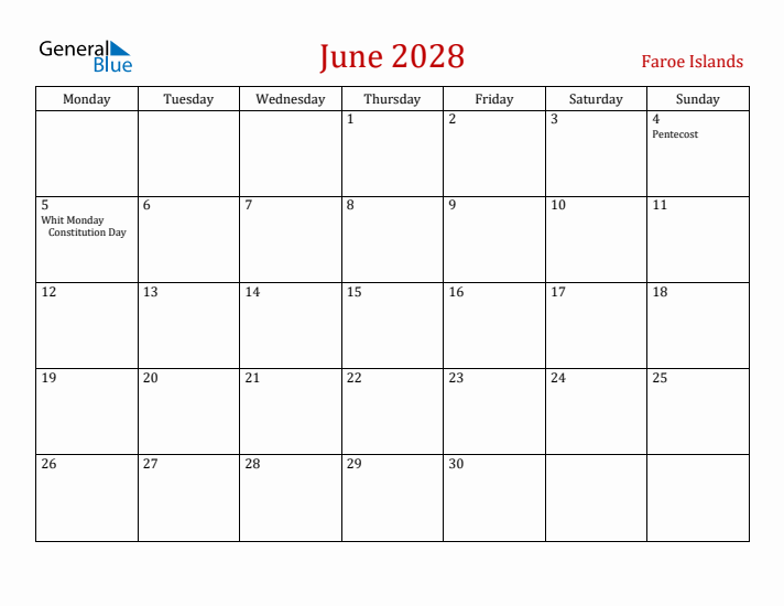 Faroe Islands June 2028 Calendar - Monday Start