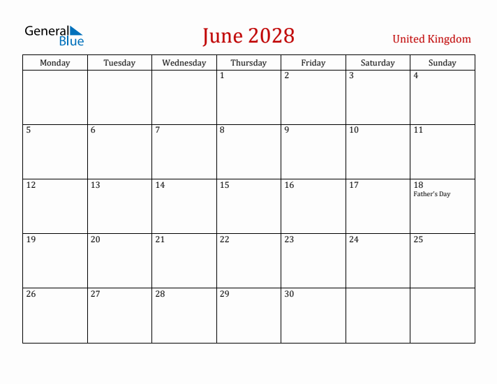 United Kingdom June 2028 Calendar - Monday Start