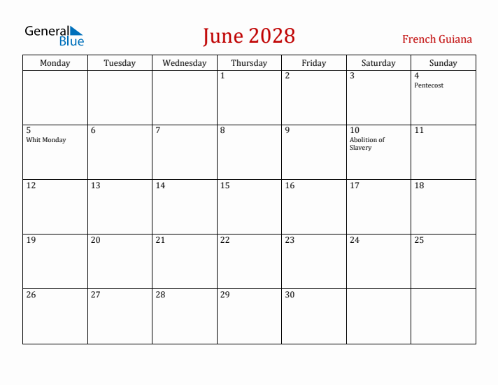 French Guiana June 2028 Calendar - Monday Start