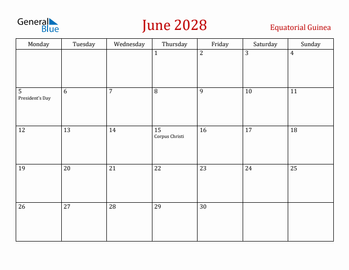 Equatorial Guinea June 2028 Calendar - Monday Start