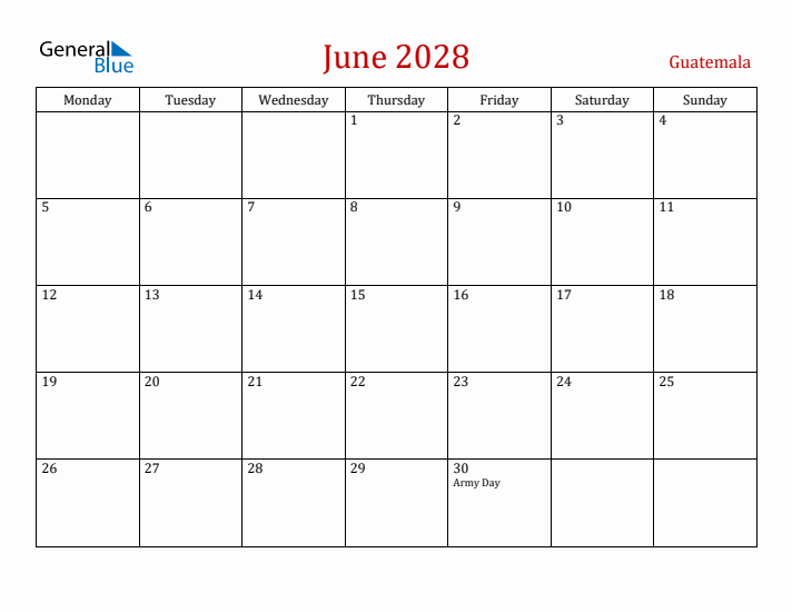Guatemala June 2028 Calendar - Monday Start