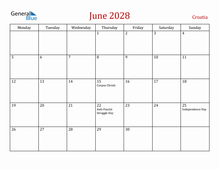 Croatia June 2028 Calendar - Monday Start