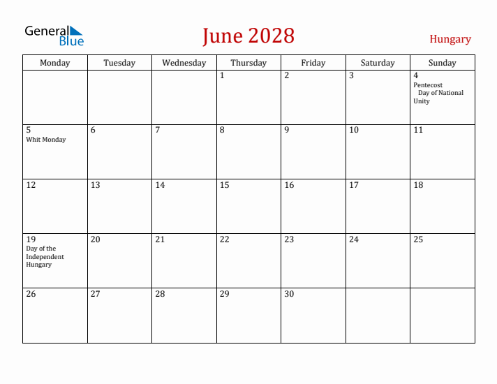 Hungary June 2028 Calendar - Monday Start