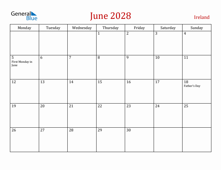 Ireland June 2028 Calendar - Monday Start