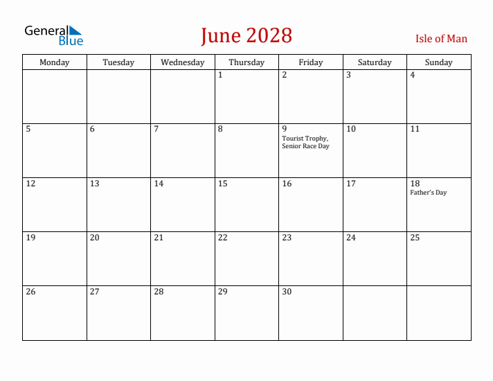 Isle of Man June 2028 Calendar - Monday Start