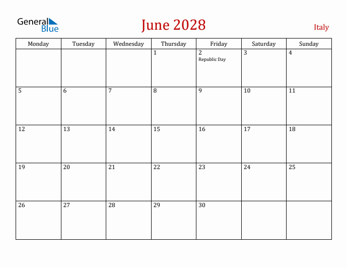 Italy June 2028 Calendar - Monday Start