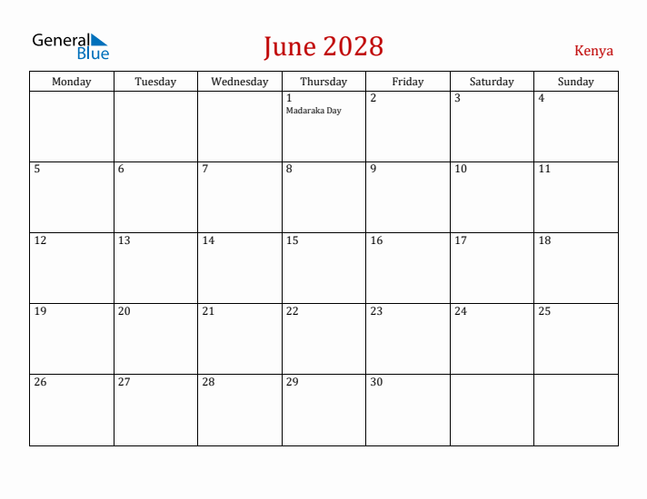 Kenya June 2028 Calendar - Monday Start