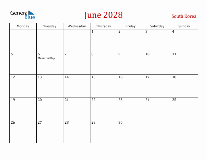 South Korea June 2028 Calendar - Monday Start