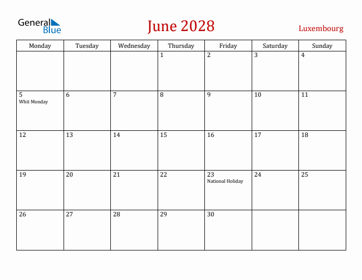 Luxembourg June 2028 Calendar - Monday Start