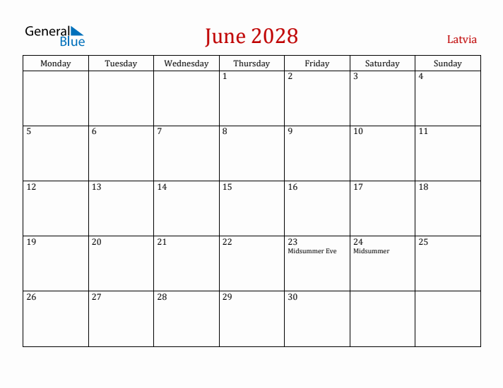 Latvia June 2028 Calendar - Monday Start