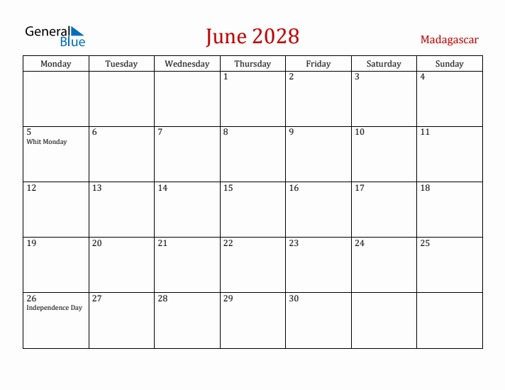 Madagascar June 2028 Calendar - Monday Start