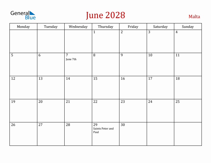 Malta June 2028 Calendar - Monday Start