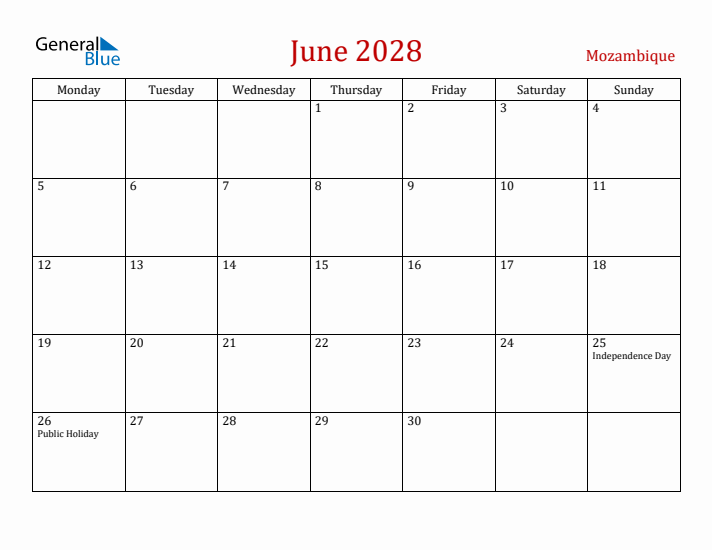 Mozambique June 2028 Calendar - Monday Start