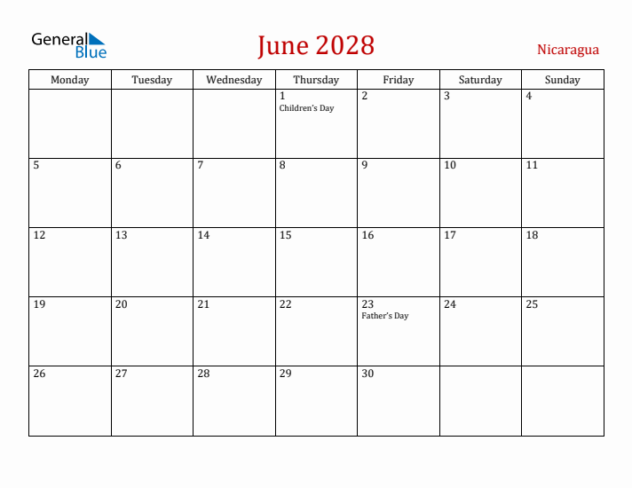 Nicaragua June 2028 Calendar - Monday Start