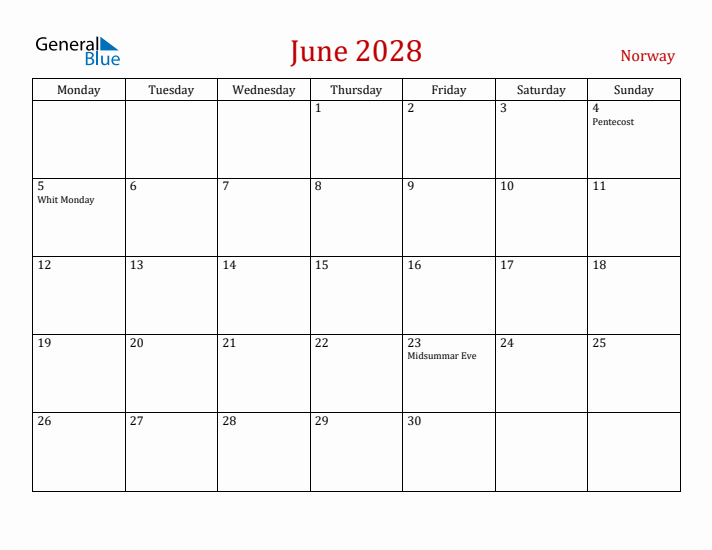 Norway June 2028 Calendar - Monday Start