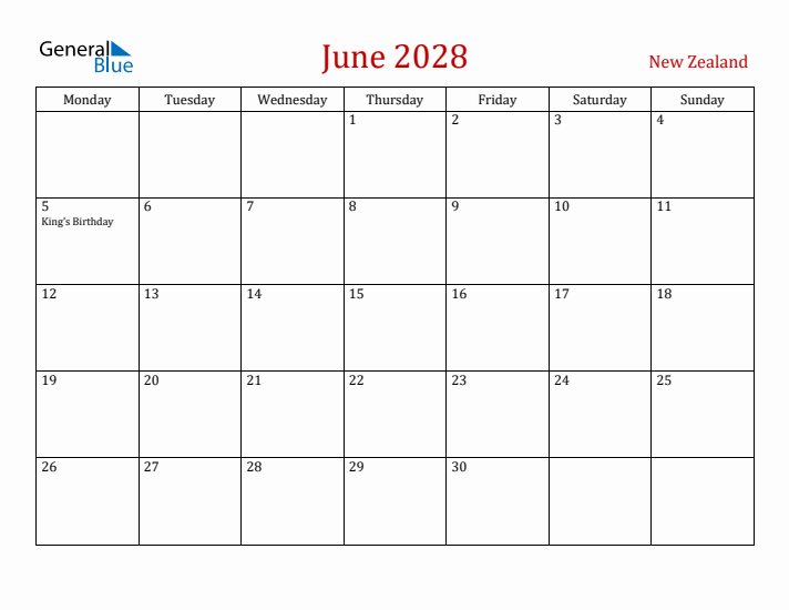 New Zealand June 2028 Calendar - Monday Start