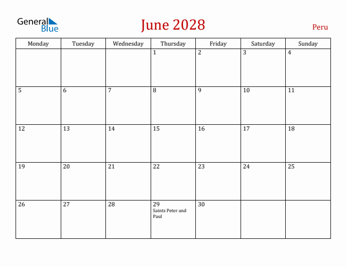 Peru June 2028 Calendar - Monday Start