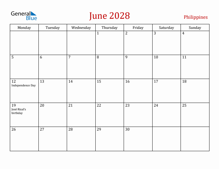 Philippines June 2028 Calendar - Monday Start