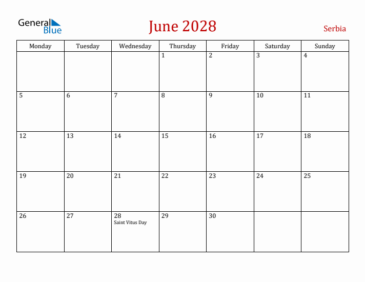 Serbia June 2028 Calendar - Monday Start