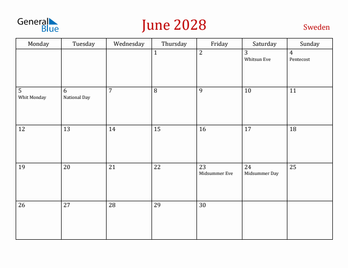 Sweden June 2028 Calendar - Monday Start