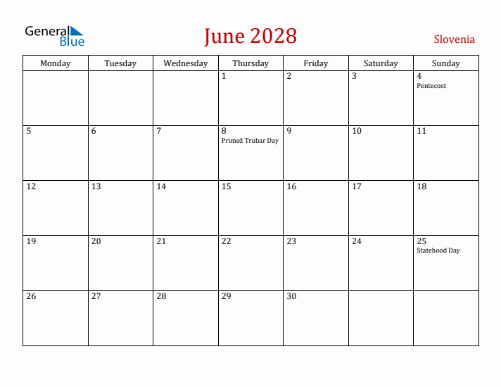 Slovenia June 2028 Calendar - Monday Start