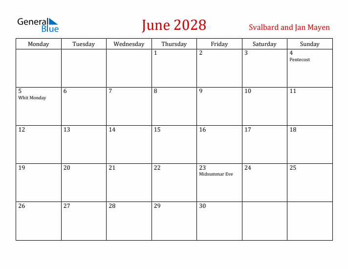 Svalbard and Jan Mayen June 2028 Calendar - Monday Start