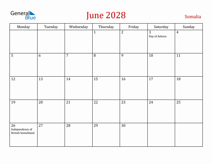 Somalia June 2028 Calendar - Monday Start