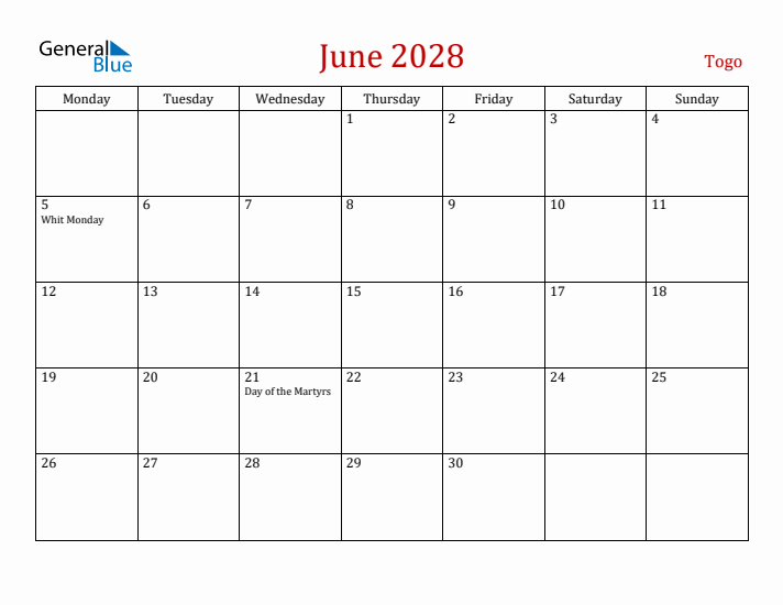 Togo June 2028 Calendar - Monday Start