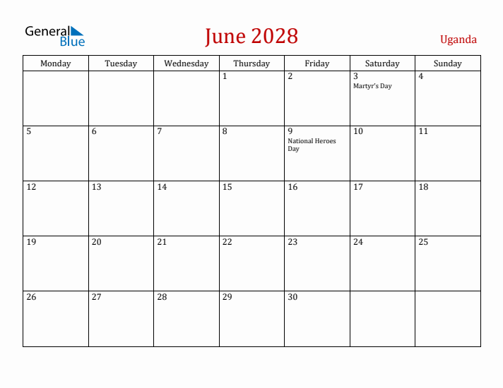 Uganda June 2028 Calendar - Monday Start