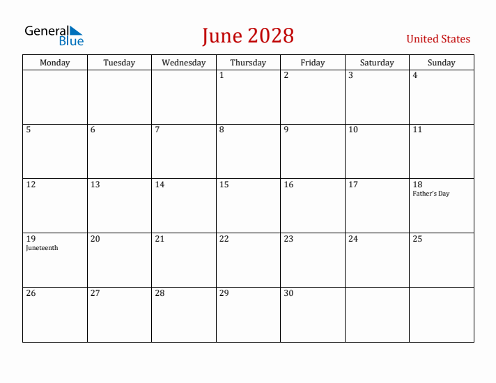 United States June 2028 Calendar - Monday Start