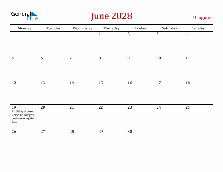 Uruguay June 2028 Calendar - Monday Start