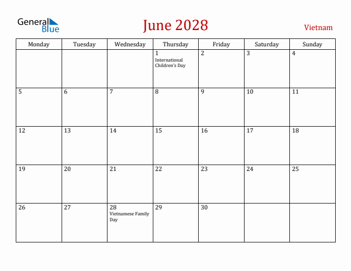 Vietnam June 2028 Calendar - Monday Start