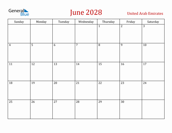 United Arab Emirates June 2028 Calendar - Sunday Start