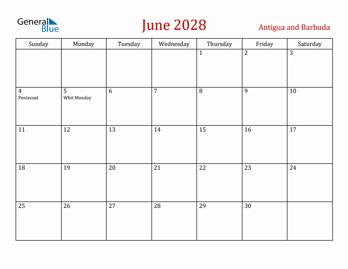 Antigua and Barbuda June 2028 Calendar - Sunday Start