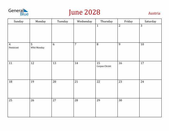 Austria June 2028 Calendar - Sunday Start