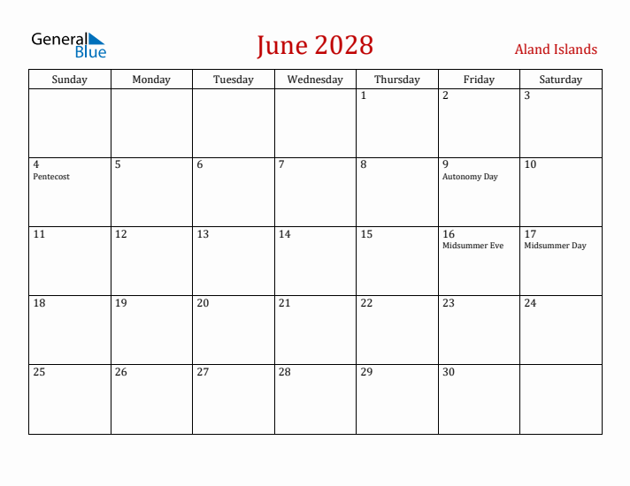 Aland Islands June 2028 Calendar - Sunday Start