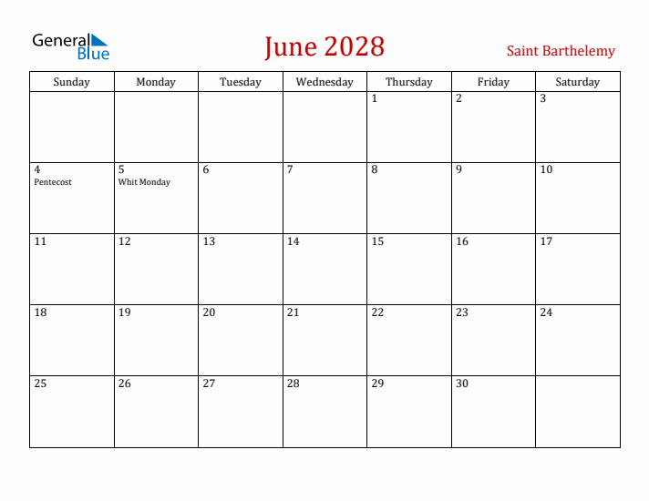 Saint Barthelemy June 2028 Calendar - Sunday Start
