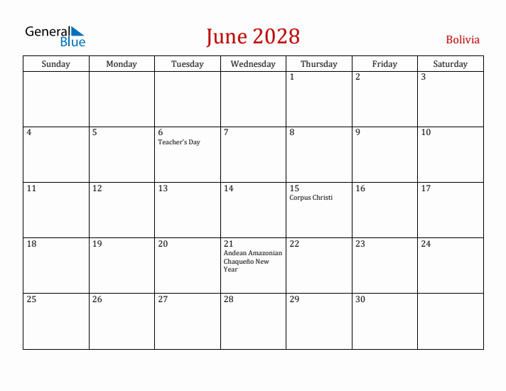 Bolivia June 2028 Calendar - Sunday Start