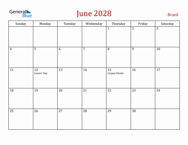 Brazil June 2028 Calendar - Sunday Start