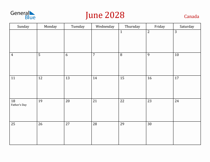Canada June 2028 Calendar - Sunday Start