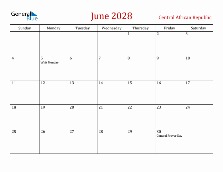 Central African Republic June 2028 Calendar - Sunday Start